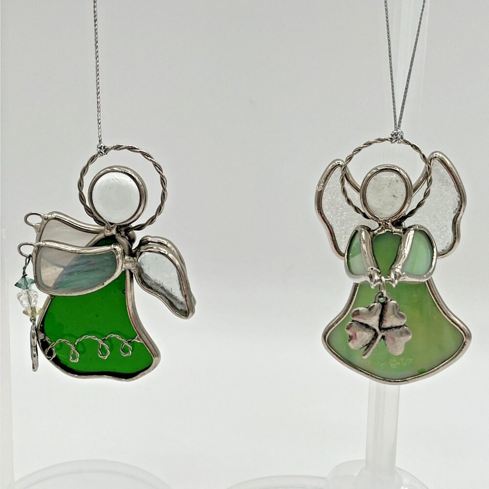 Stained Glass Angel Christmas Ornament lot Green Irish Shamrock St.Patrick's Day